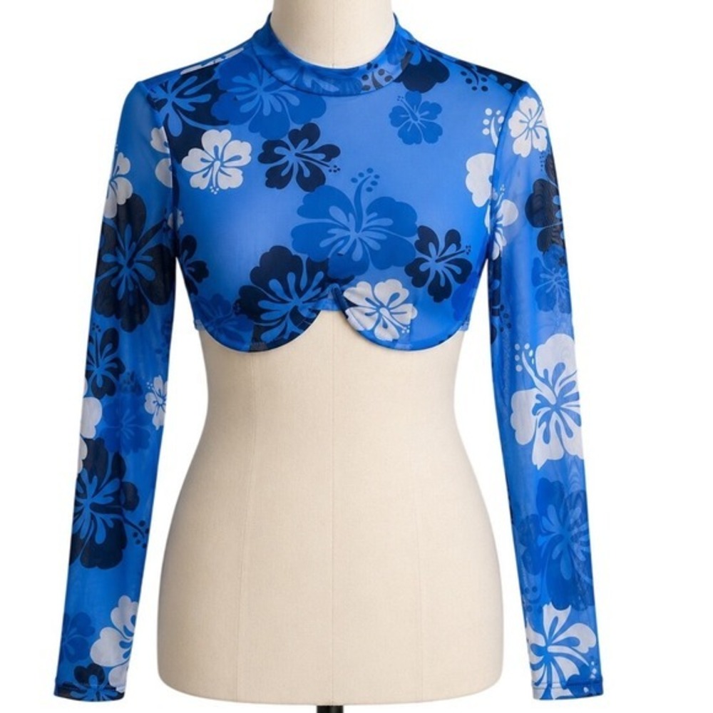 Miss Selfie Blue Hibiscus Floral Mesh Long Sleeve Crop Top Mock Neck Small